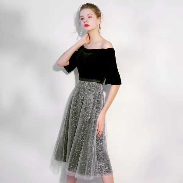 Abordable Bleu Marine Robe De Soirée 2018 Princesse De l'épaule 1/2 Manches Ceinture Glitter Tulle Thé Longueur Volants Dos Nu Robe De Ceremonie