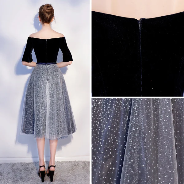 Abordable Bleu Marine Robe De Soirée 2018 Princesse De l'épaule 1/2 Manches Ceinture Glitter Tulle Thé Longueur Volants Dos Nu Robe De Ceremonie