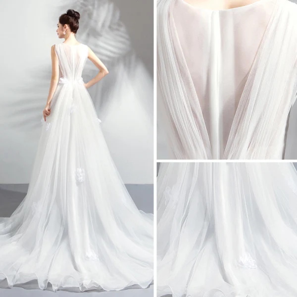 Charming Ivory Organza Wedding Dresses 2018 A-Line / Princess V-Neck Sleeveless Appliques Flower Chapel Train Ruffle