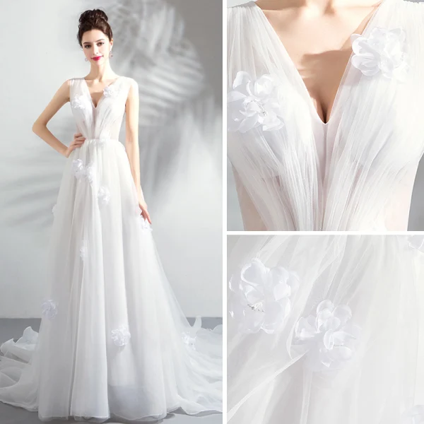 Charming Ivory Organza Wedding Dresses 2018 A-Line / Princess V-Neck Sleeveless Appliques Flower Chapel Train Ruffle