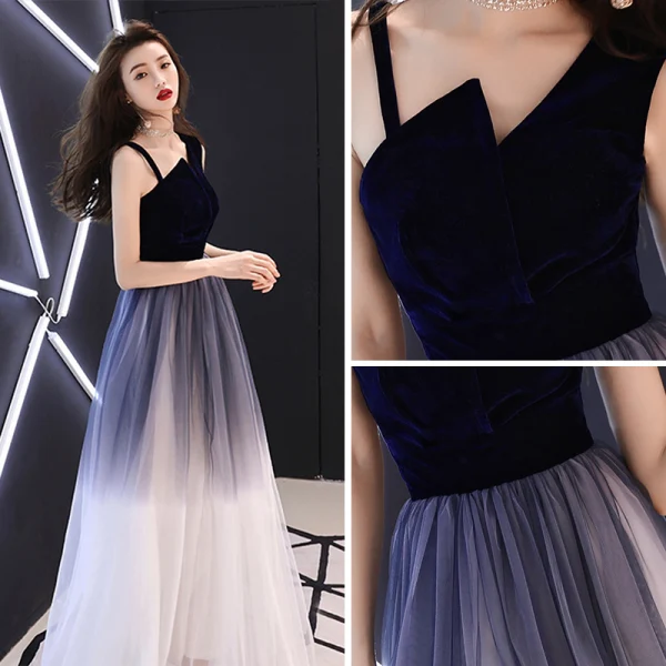 Abordable Bleu Marine Robe De Bal 2018 Princesse Unique épaules Sans Manches Longue Volants Dos Nu Robe De Ceremonie