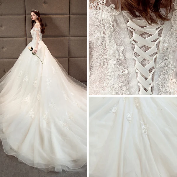 Chic / Belle Ivoire Robe De Mariée 2018 Princesse Transparentes Encolure Dégagée Manches Longues Dos Nu Appliques En Dentelle Perlage Perle Cathedral Train Volants