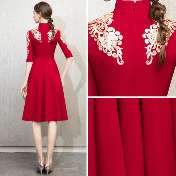 Chinese style Burgundy Homecoming Graduation Dresses 2018 A-Line / Princess High Neck 1/2 Sleeves Embroidered Tea-length Ruffle Formal Dresses