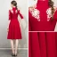 Chinese style Burgundy Homecoming Graduation Dresses 2018 A-Line / Princess High Neck 1/2 Sleeves Embroidered Tea-length Ruffle Formal Dresses