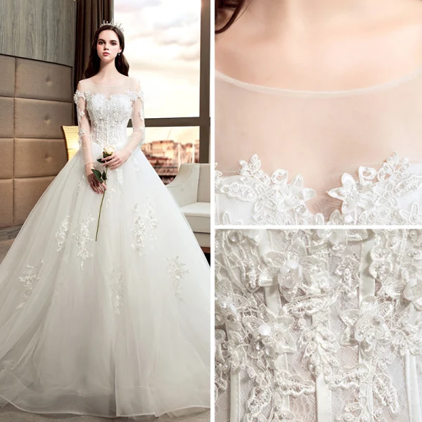 Chic / Belle Ivoire Robe De Mariée 2018 Princesse Transparentes Encolure Dégagée Manches Longues Dos Nu Appliques En Dentelle Perlage Perle Cathedral Train Volants