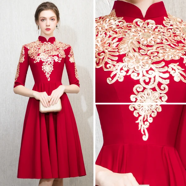 Chinese style Burgundy Homecoming Graduation Dresses 2018 A-Line / Princess High Neck 1/2 Sleeves Embroidered Tea-length Ruffle Formal Dresses
