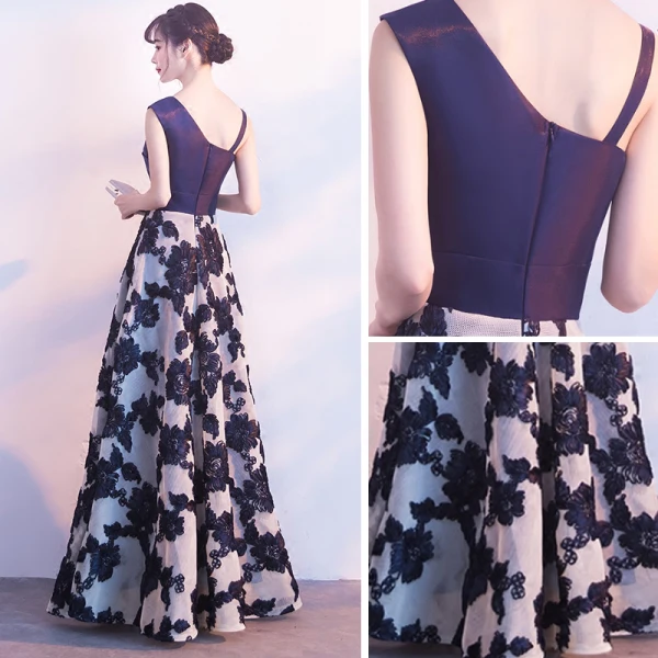 Chic / Beautiful Navy Blue Prom Dresses 2017 A-Line / Princess Amazing / Unique V-Neck Sleeveless Appliques Lace Rhinestone Floor-Length / Long Backless Formal Dresses