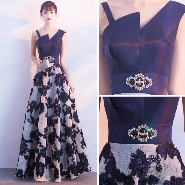 Chic / Beautiful Navy Blue Prom Dresses 2017 A-Line / Princess Amazing / Unique V-Neck Sleeveless Appliques Lace Rhinestone Floor-Length / Long Backless Formal Dresses