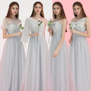 Affordable Grey Bridesmaid Dresses 2018 A Line Princess Floor Length Long Ruffle Wedding Party Dresses Crossed Straps
