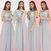 Affordable Grey Bridesmaid Dresses 2018 A-Line / Princess Floor-Length / Long Ruffle Wedding Party Dresses Crossed Straps