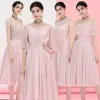 Affordable Blushing Pink Chiffon Bridesmaid Dresses 2018 A-Line / Princess Tea-length Ruffle Backless Wedding Party Dresses