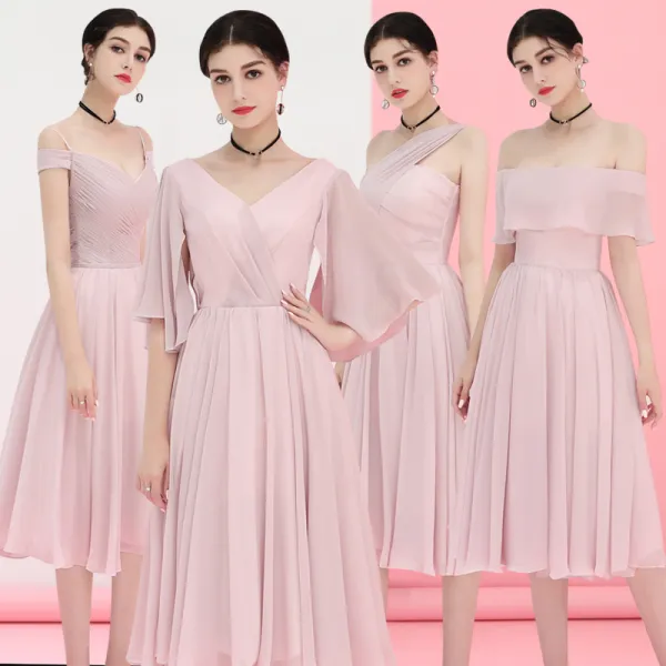 Niedrogie Rumieniąc Różowy Szyfon Sukienki Dla Druhen 2018 Princessa Długość Herbaty Wzburzyć Bez Pleców Sukienki Na Wesele