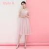 Affordable Blushing Pink Chiffon Bridesmaid Dresses 2018 A-Line / Princess Tea-length Ruffle Backless Wedding Party Dresses