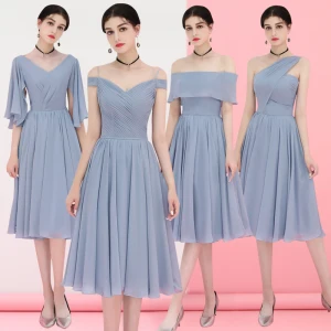 Affordable Grey Chiffon Bridesmaid Dresses 2018 A Line Princess Tea Length Ruffle Backless Wedding Party Dresses
