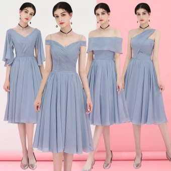 Affordable Grey Chiffon Bridesmaid Dresses 2018 A Line Princess Tea Length Ruffle Backless Wedding Party Dresses