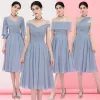 Affordable Grey Chiffon Bridesmaid Dresses 2018 A-Line / Princess Tea-length Ruffle Backless Wedding Party Dresses