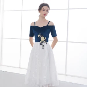 Chic Beautiful Navy Blue White Homecoming Graduation Dresses 2018 A Line Princess Spaghetti Straps Short Sleeve Appliques Lace Star Embroidered Tea Length Ruffle Backless Formal Dresses