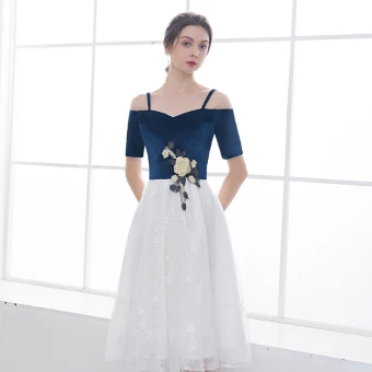 Chic Belle Bleu Marine Blanche De Retour Robe De Graduation 2018 Princesse Bretelles Spaghetti Manches Courtes Appliques En Dentelle Étoile Brodé Thé Longueur Volants Dos Nu Robe De Ceremonie