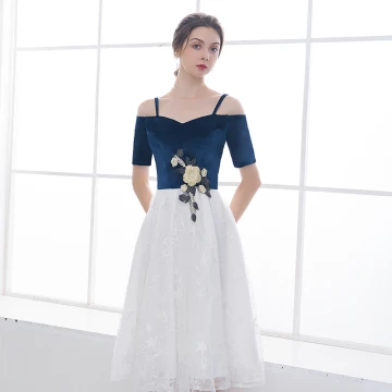 Chic Beautiful Navy Blue White Homecoming Graduation Dresses 2018 A Line Princess Spaghetti Straps Short Sleeve Appliques Lace Star Embroidered Tea Length Ruffle Backless Formal Dresses