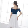 Chic / Beautiful Navy Blue White Homecoming Graduation Dresses 2018 A-Line / Princess Spaghetti Straps Short Sleeve Appliques Lace Star Embroidered Tea-length Ruffle Backless Formal Dresses