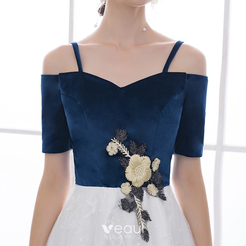 Chic Beautiful Navy Blue White Homecoming Graduation Dresses 2018 A Line  Princess Spaghetti Straps Short Sleeve Appliques Lace Star Embroidered Tea  Length Ruffle Backless Formal Dresses