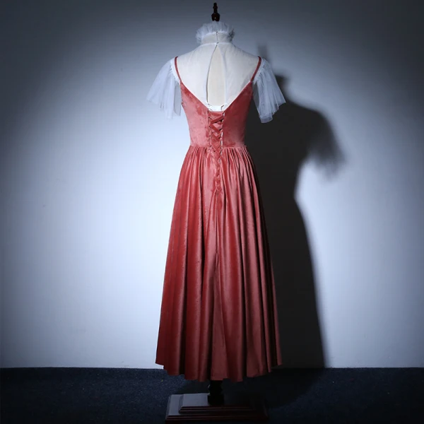 Charmant Watermelon Rouge Transparentes de retour Robe De Graduation 2018 Princesse Col Haut Manches Courtes Thé Longueur Volants Dos Nu Robe De Ceremonie