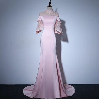 Elegante Candy Roze Doorzichtige Avondjurken 2018 Trompet Zeemeermin Hoge Kraag Bell Mouwen Parel Rechter Trein Ruche Gelegenheid Jurken