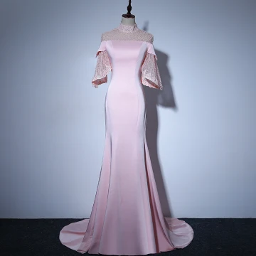 Elegant Candy Pink See Through Evening Dresses 2018 Trumpet Mermaid High Neck Bell Sleeves Pearl Court Train Ruffle Formal Dresses