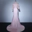 Elegant Candy Pink See-through Evening Dresses  2018 Trumpet / Mermaid High Neck Bell sleeves Pearl Court Train Ruffle Formal Dresses