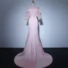 Elegantes Rosa Transparentes Vestidos de noche 2018 Trumpet / Mermaid Cuello Alto Mangas de campana Perla Colas De La Corte Ruffle Vestidos Formales