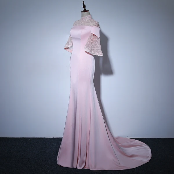 Elegant Candy Pink See-through Evening Dresses 2018 Trumpet / Mermaid High Neck Bell sleeves Pearl Court Train Ruffle Formal Dresses