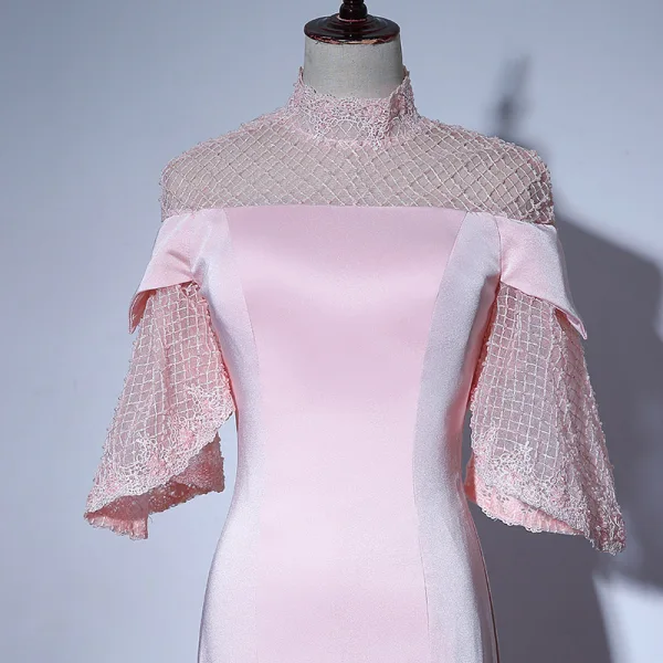 Elegant Candy Pink See-through Evening Dresses 2018 Trumpet / Mermaid High Neck Bell sleeves Pearl Court Train Ruffle Formal Dresses