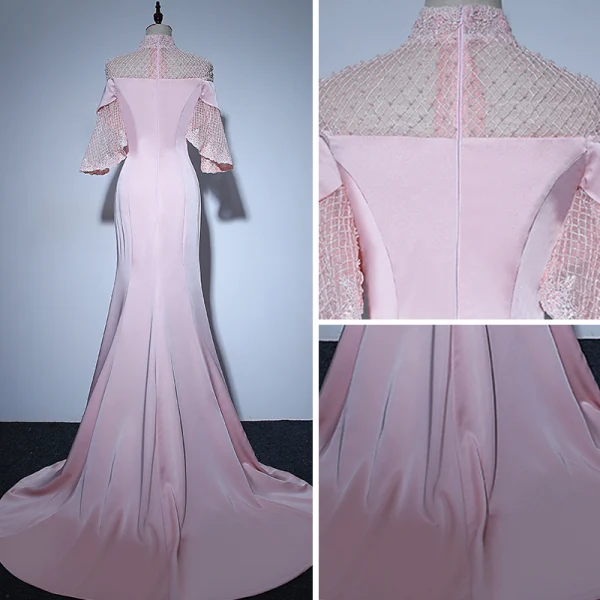 Elegant Candy Pink See-through Evening Dresses 2018 Trumpet / Mermaid High Neck Bell sleeves Pearl Court Train Ruffle Formal Dresses