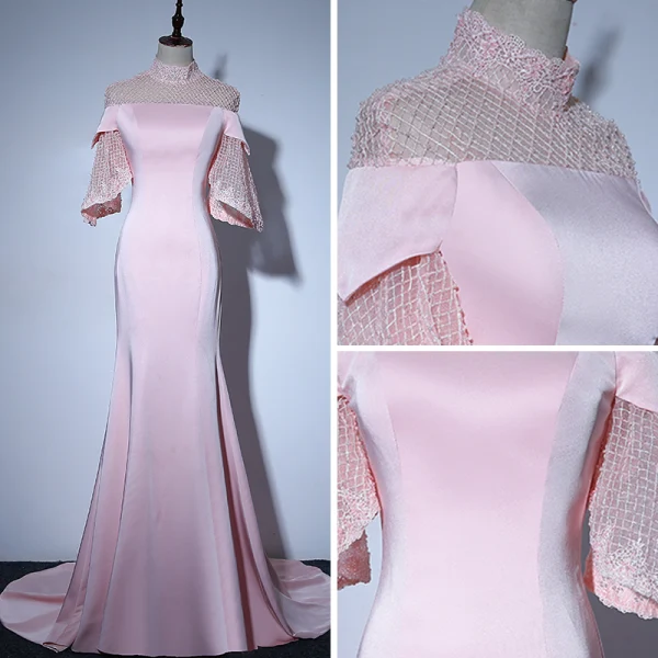 Elegant Candy Pink See-through Evening Dresses 2018 Trumpet / Mermaid High Neck Bell sleeves Pearl Court Train Ruffle Formal Dresses