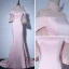 Elegant Candy Pink See-through Evening Dresses  2018 Trumpet / Mermaid High Neck Bell sleeves Pearl Court Train Ruffle Formal Dresses