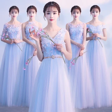 Abordable Bleu Ciel Robe Demoiselle D 039 Honneur 2018 Princesse Appliques En Dentelle Métal Ceinture Longue Volants Dos Nu Robe Pour Mariage