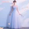 Abordable Bleu Ciel Robe Demoiselle D'honneur 2018 Princesse Appliques En Dentelle Métal Ceinture Longue Volants Dos Nu Robe Pour Mariage