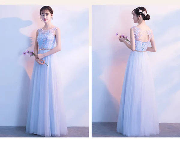 Affordable Sky Blue Bridesmaid Dresses 2018 A-Line / Princess Appliques Lace Metal Sash Floor-Length / Long Ruffle Backless Wedding Party Dresses
