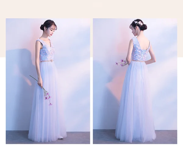Affordable Sky Blue Bridesmaid Dresses 2018 A-Line / Princess Appliques Lace Metal Sash Floor-Length / Long Ruffle Backless Wedding Party Dresses