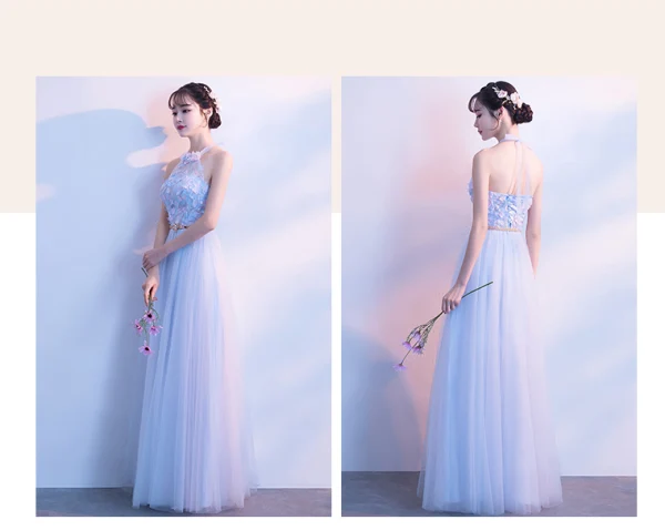 Affordable Sky Blue Bridesmaid Dresses 2018 A-Line / Princess Appliques Lace Metal Sash Floor-Length / Long Ruffle Backless Wedding Party Dresses