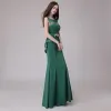 Discount Dark Green See-through Evening Dresses  2018 Trumpet / Mermaid Scoop Neck Sleeveless Rhinestone Sash Floor-Length / Long Ruffle Backless Formal Dresses