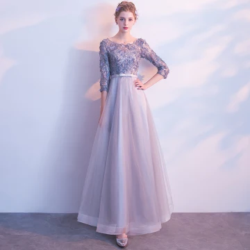 Chic Belle Gris Robe De Bal 2017 Princesse Encolure Dégagée 3 4 Manches Appliques Fleur Noeud Ceinture Longue Dos Nu Robe De Ceremonie