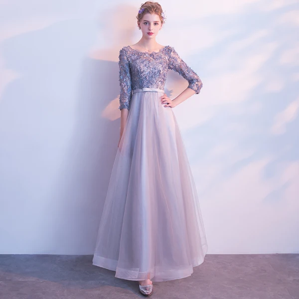 grey prom dresses 2017 Mermaid Deep V-Neck Sweep Train Grey Tulle Prom Dress US6 / Custom Color main image 0