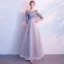 Chic / Belle Gris Robe De Bal 2017 Princesse Encolure Dégagée 3/4 Manches Appliques Fleur Noeud Ceinture Longue Dos Nu Robe De Ceremonie