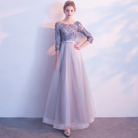 Chic / Beautiful Grey Prom Dresses 2017 A-Line / Princess Scoop Neck 3/4 Sleeve Appliques Flower Bow Sash Floor-Length / Long Backless Formal Dresses