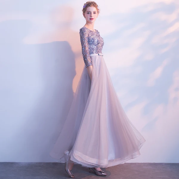 Chic / Belle Gris Robe De Bal 2017 Princesse Encolure Dégagée 3/4 Manches Appliques Fleur Noeud Ceinture Longue Dos Nu Robe De Ceremonie