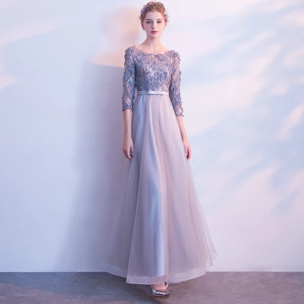 Chic / Belle Gris Robe De Bal 2017 Princesse Encolure Dégagée 3/4 Manches Appliques Fleur Noeud Ceinture Longue Dos Nu Robe De Ceremonie