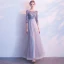 Chic / Belle Gris Robe De Bal 2017 Princesse Encolure Dégagée 3/4 Manches Appliques Fleur Noeud Ceinture Longue Dos Nu Robe De Ceremonie