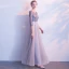 Chic / Belle Gris Robe De Bal 2017 Princesse Encolure Dégagée 3/4 Manches Appliques Fleur Noeud Ceinture Longue Dos Nu Robe De Ceremonie
