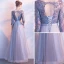 Chic / Belle Gris Robe De Bal 2017 Princesse Encolure Dégagée 3/4 Manches Appliques Fleur Noeud Ceinture Longue Dos Nu Robe De Ceremonie
